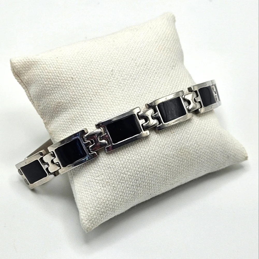 Stainless Steel Black Enamel Watch Link Men's Bracelet 9.25